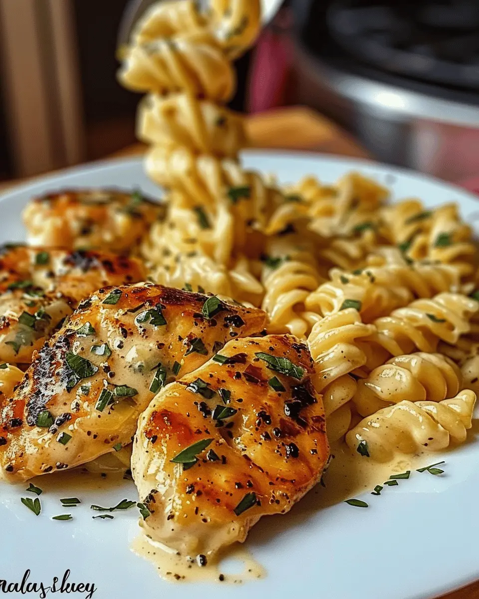 Creamy Garlic Parmesan Chicken with Cheesy Twisted Pasta