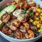 Grilled Shrimp Bowl with Avocado, Corn Salsa & Creamy Garlic Sauce
