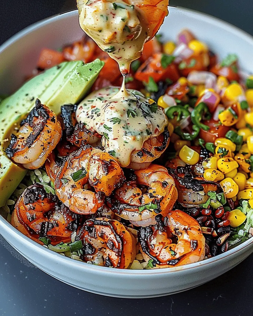 Grilled Shrimp Bowl: Easy Avocado, Corn Salsa & Creamy Garlic Sauce