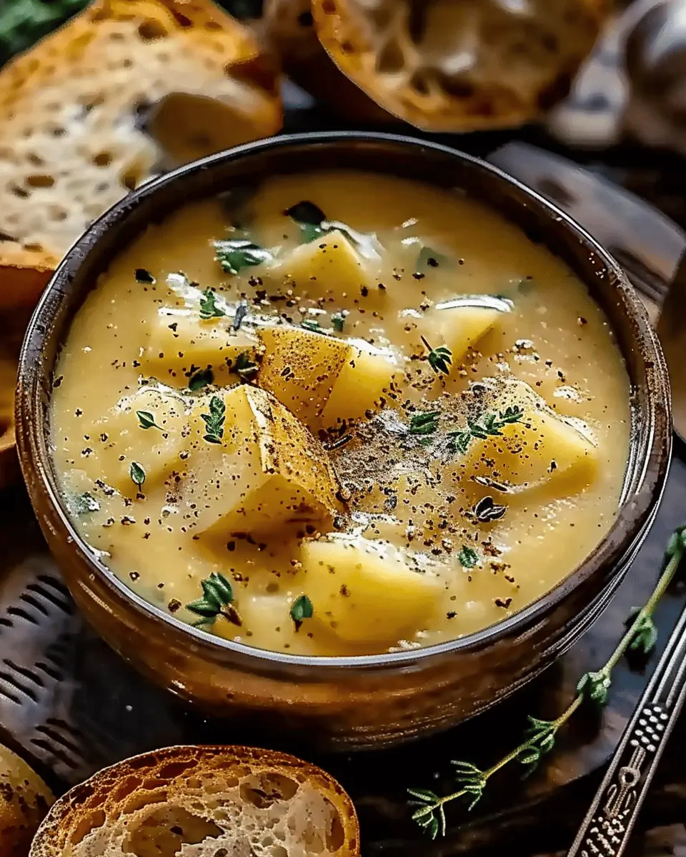 Hearty Cheddar Garlic Herb Potato Soup Recipe with Turkey Bacon