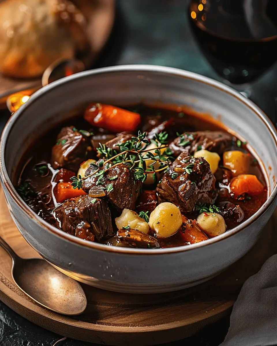 French-Style Beef Stew with Turkey Bacon and Savory Vegetables
