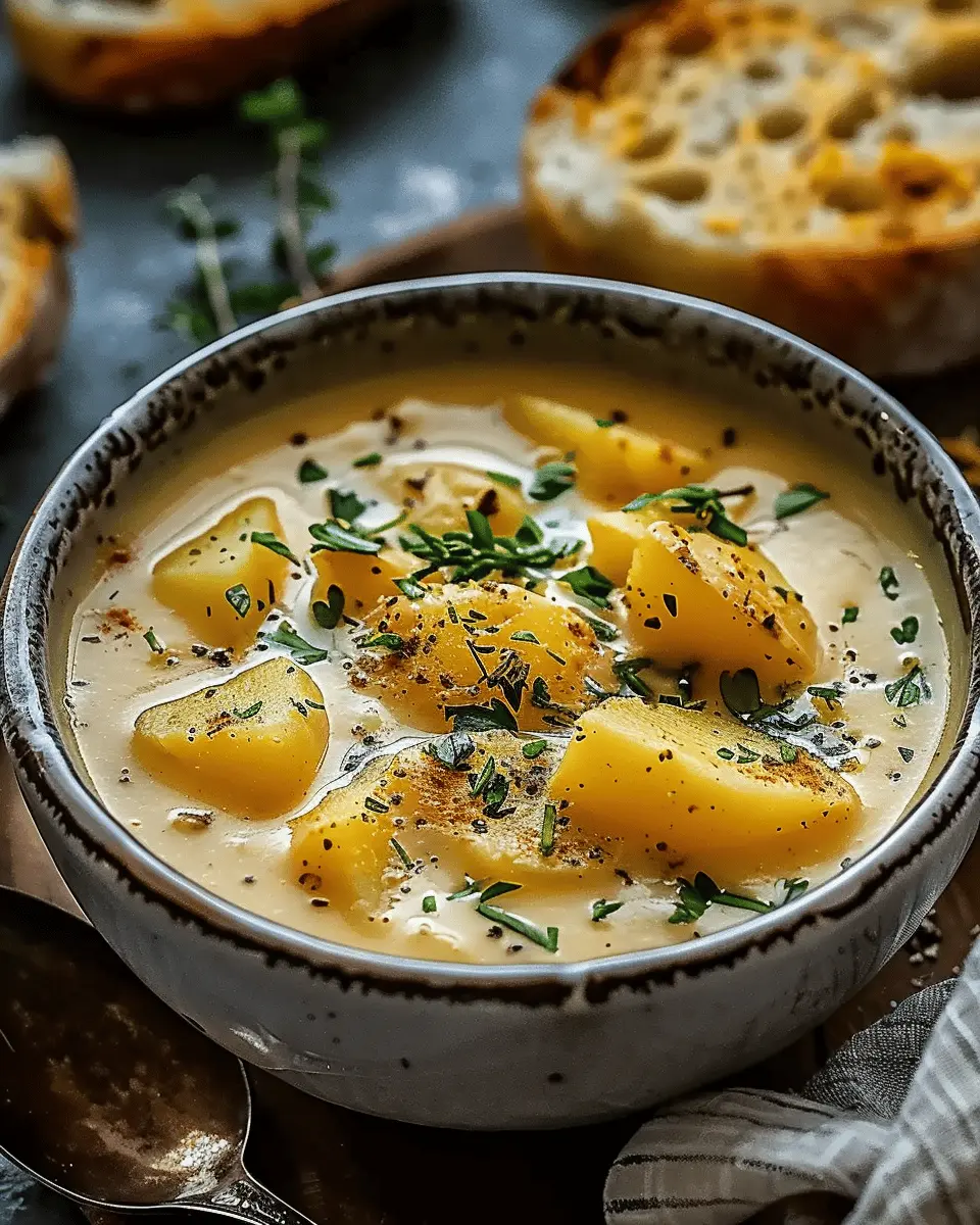 Hearty Cheddar Garlic Herb Potato Soup Recipe with Turkey Bacon Delight