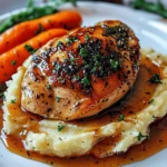 garlic herb chicken with mashed potatoes and glazed carrots
