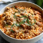 Ground Beef Orzo with Tomato Cream Sauce and Fresh Basil