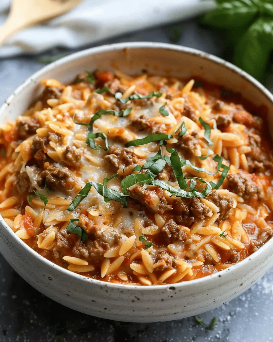 Ground Beef Orzo with Tomato Cream Sauce and Fresh Basil