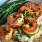 Cajun Shrimp and Salmon with Garlic Cream Sauce, Mashed Potatoes, and Green Beans