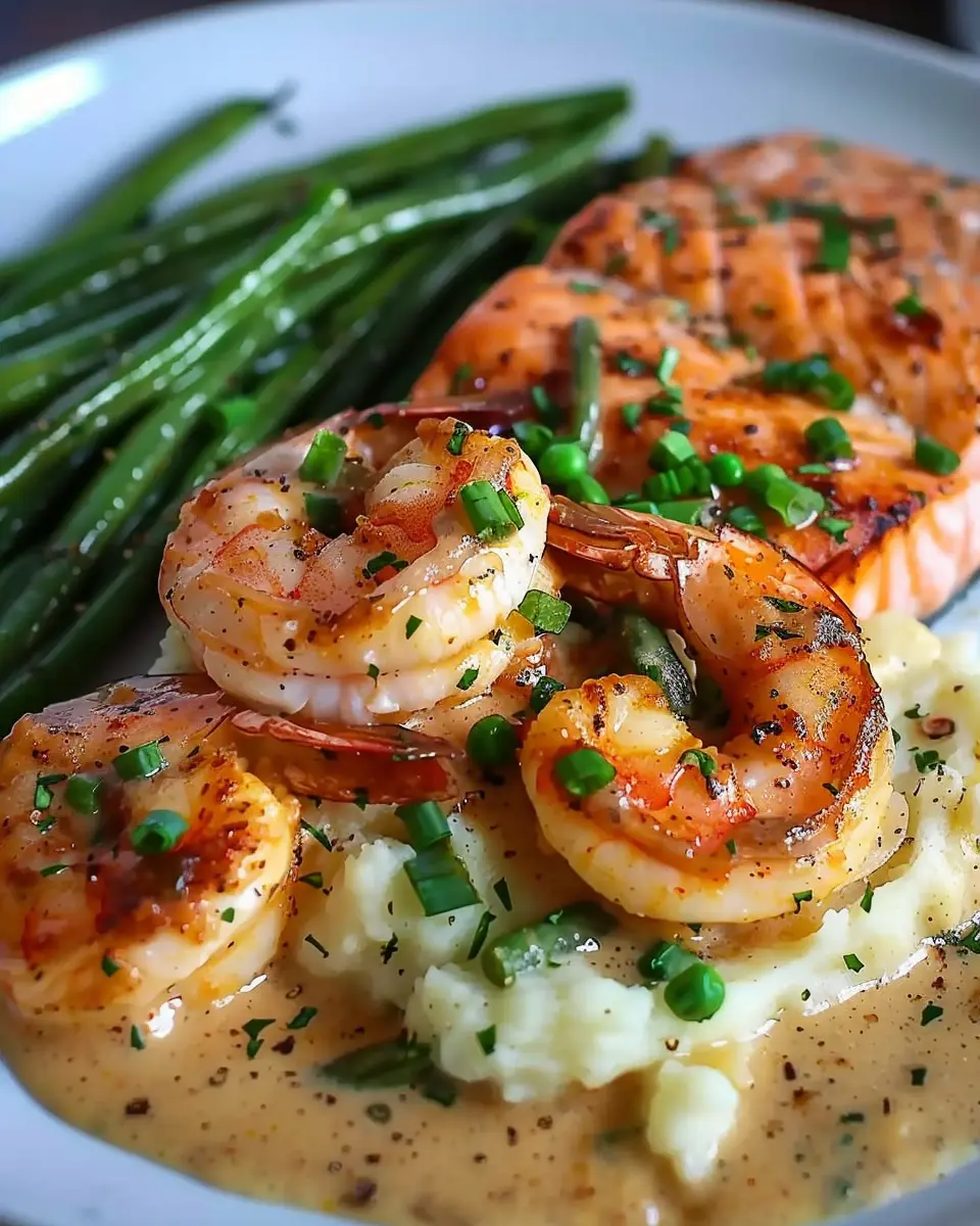 Cajun Shrimp and Salmon: Indulgent Garlic Cream Sauce with Mashed Potatoes and Green Beans