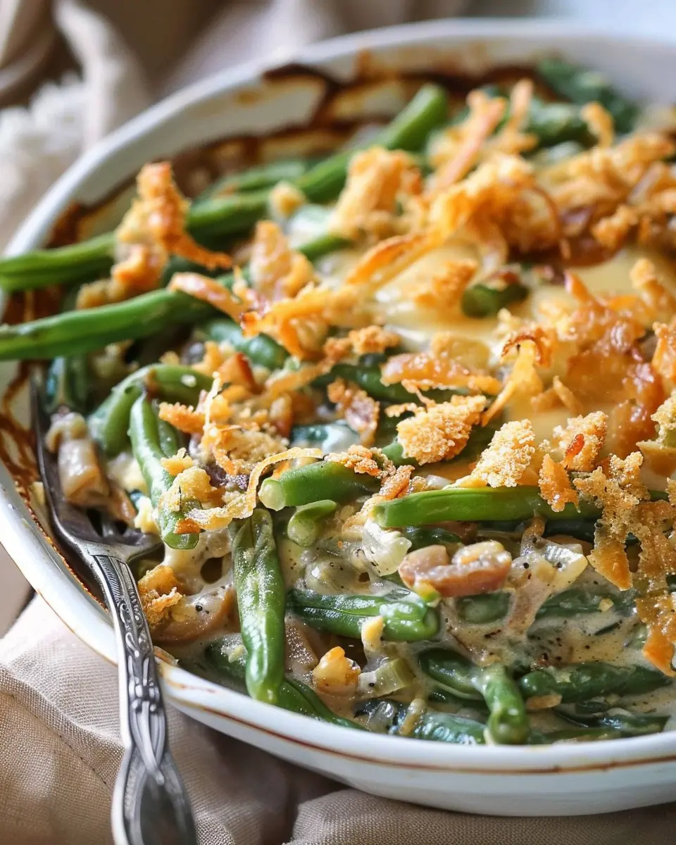 Irresistible Campbells Green Bean Casserole with Turkey Bacon and Chicken Ham